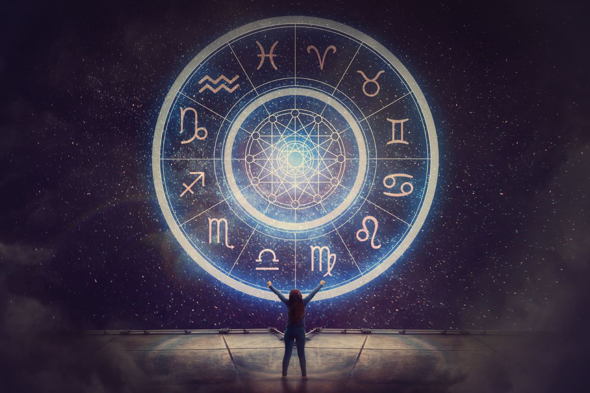 Woman raising hands looking at the night sky. Astrological wheel projection, choose a zodiac sign. Trust horoscope future predictions, consulting stars. Power of universe, astrology esoteric concept.